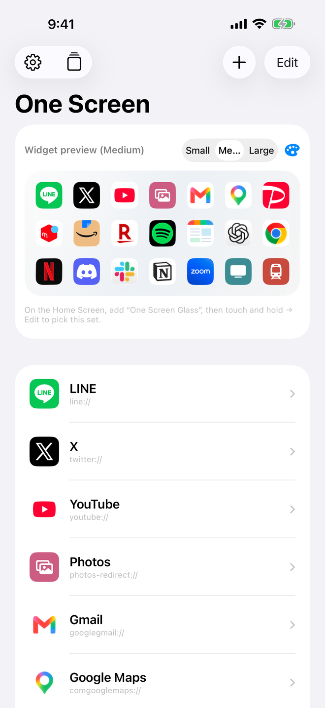 App list with a live widget preview